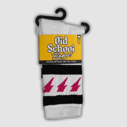 Old School Baby! Thunderstruck Mid High Skate Socks White Magenta Pink Lightning Bolts
