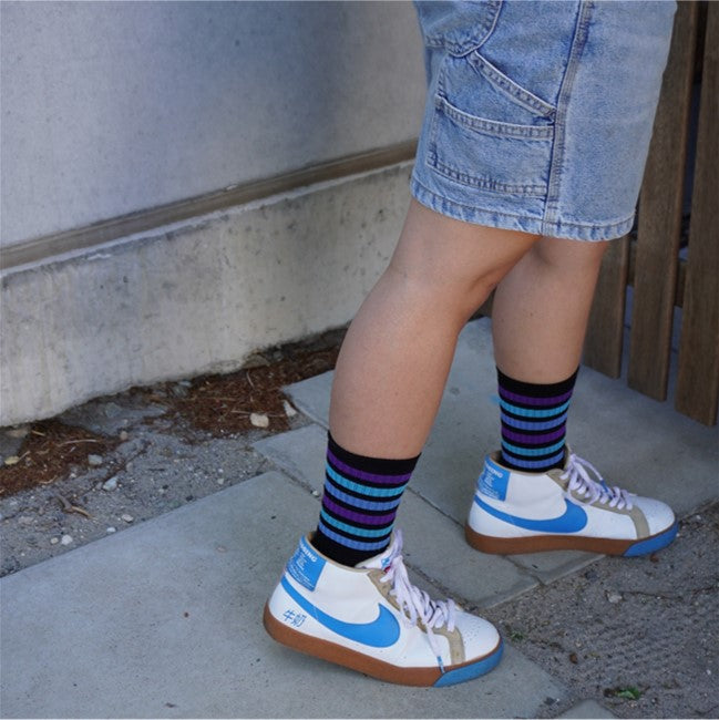 Blueberry Blast Mid High Skate Socks Black Purple Bright Blue Royal Blue- Old School Baby!
