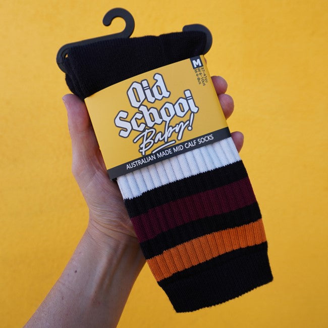 Champ Mid High Skate Socks Black Marron Gold White - Old School Baby!