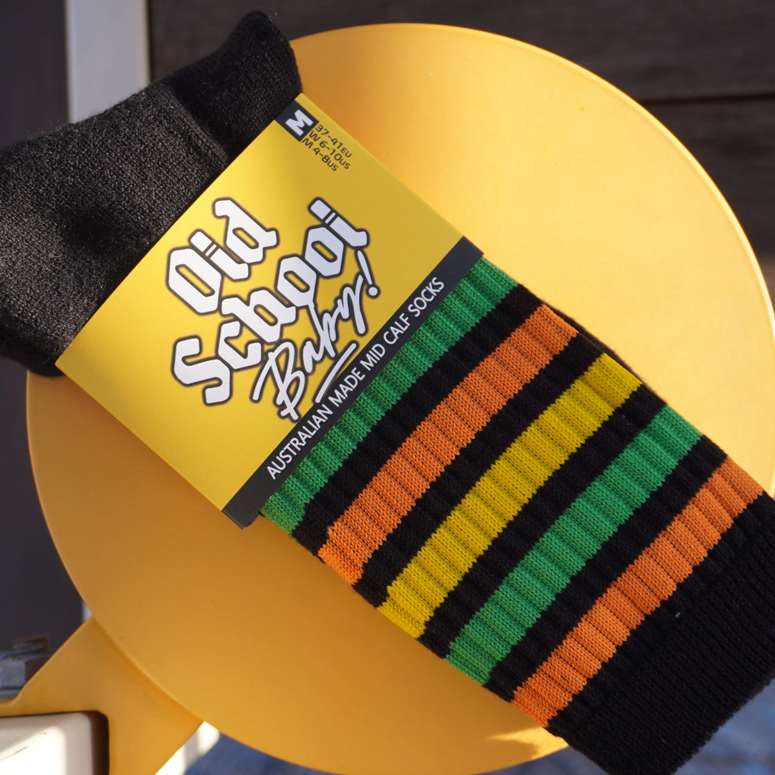 Citrus Smash Mid High Skate Socks Black Socks Green Yellow Orange Spripes - Old School Baby!
