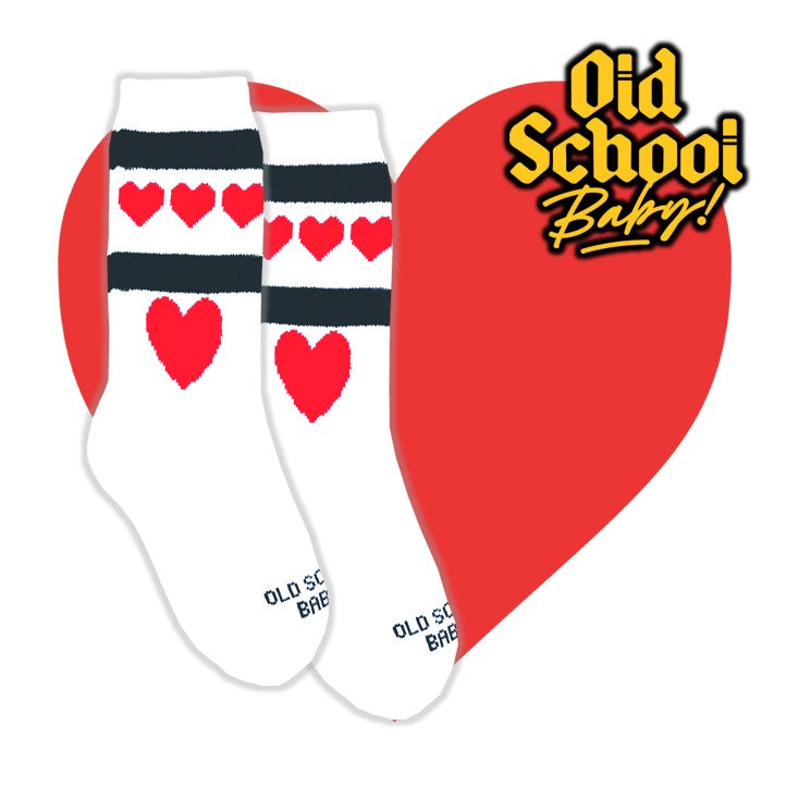 Heartbreaker Mid High Skate Socks White Red Black Love Hearts - Old School Baby!