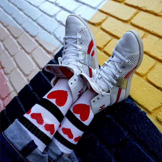 Heartbreaker Mid High Skate Socks White Red Black Love Hearts - Old School Baby!