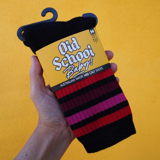 Raspberry Ripple Mid High Skate Socks Black Red Puink Maroon - Old School Baby!