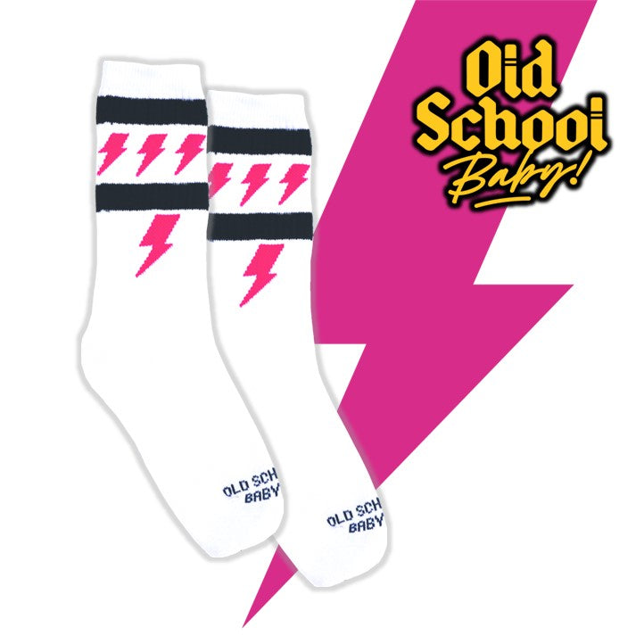 Thunderstruck Mid High Skate Socks White Magenta Pink Black Lightning Bolts - Old School Baby!