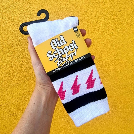 Thunderstruck Mid High Skate Socks White Magenta Pink Black Lightning Bolts - Old School Baby!