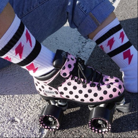 Thunderstruck Mid High Skate Socks White Magenta Pink Black Lightning Bolts - Old School Baby!