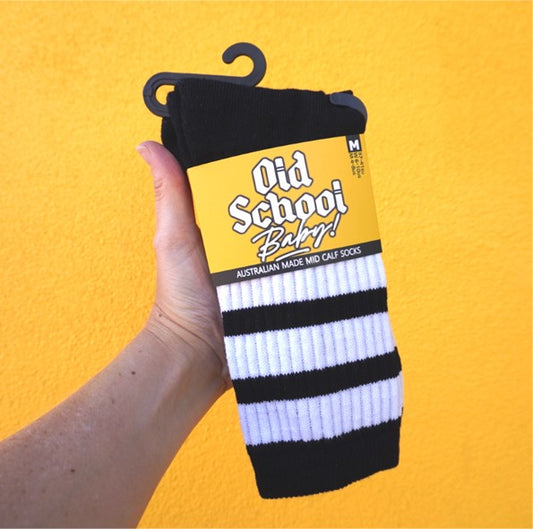 Black Cats Mid High Skate Socks Black White - Old School Baby!