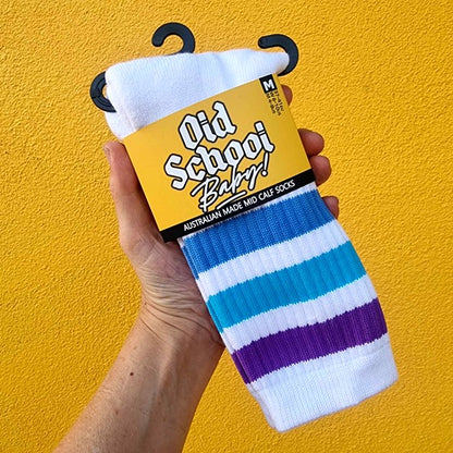 old school baby! white mid calf socks with 3 blue and purple stripes