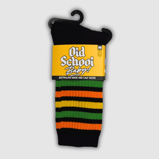 Old School Baby Socks Citrus Smash Mid High Black Socks Green Yellow Orange Spripes 