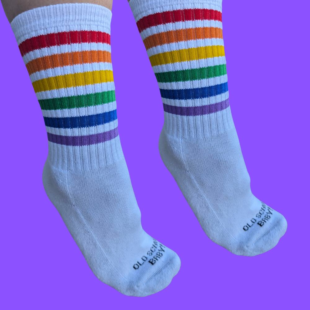 Rainbow Dream White Mid High Skate Socks - Old School Baby! 