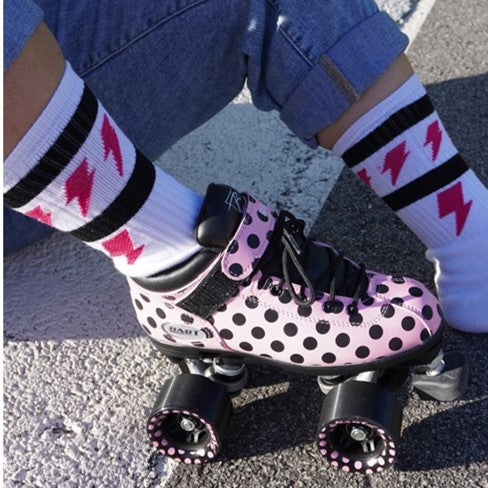 old school baby! white mid calf socks with magenta lightinig bolts and pink dotty rollerskates 