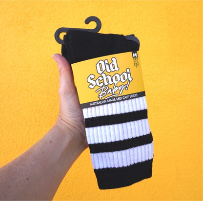 old school baby! black mid calf socks with 3 white stripes