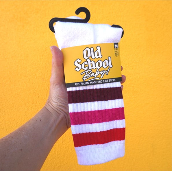 old school baby! white mid calf socks with 3 maroon, pink and red stripes 