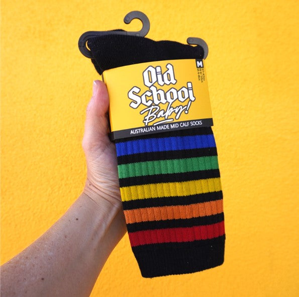 old school baby! black mid calf socks with rainbow stripes