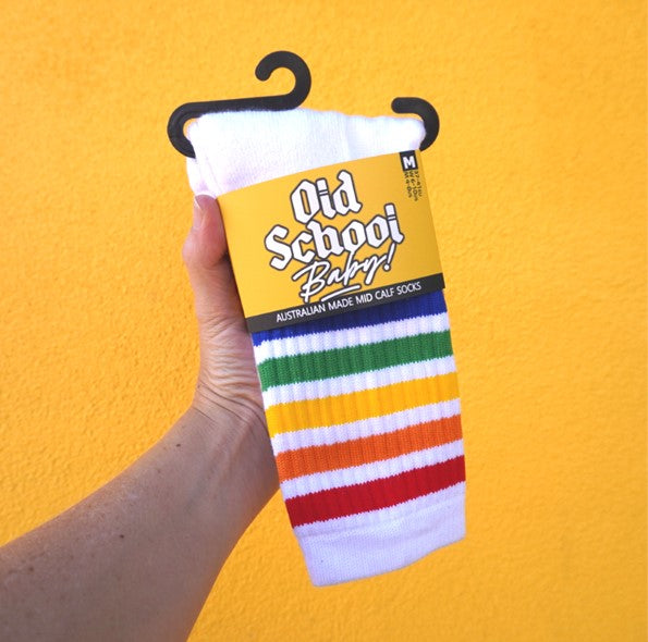old school baby! white mid calf socks with rainbow stripes