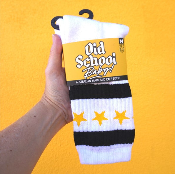 old school baby! white mid calf socks with yellow stars 