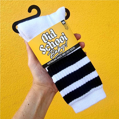 old school baby! white mid calf socks with 3 black stripes 