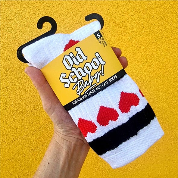 old school baby! white mid calf socks with red love hearts 