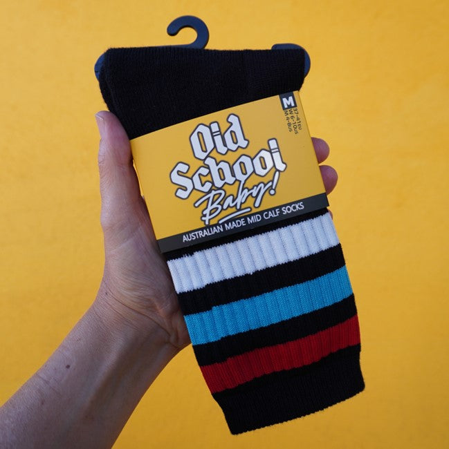 Legend Mid High Skate Socks Black Red Blue White - Old School Baby!