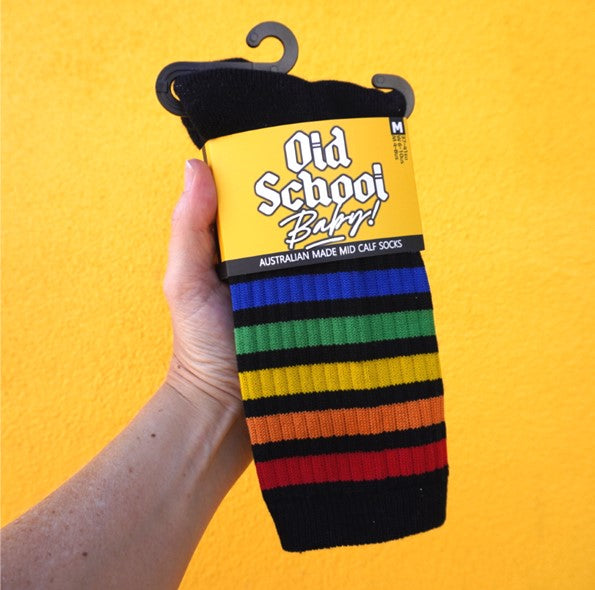 Lucky Rainbow Mid High Skate Socks Black Rainbow Pride - Old School Baby!