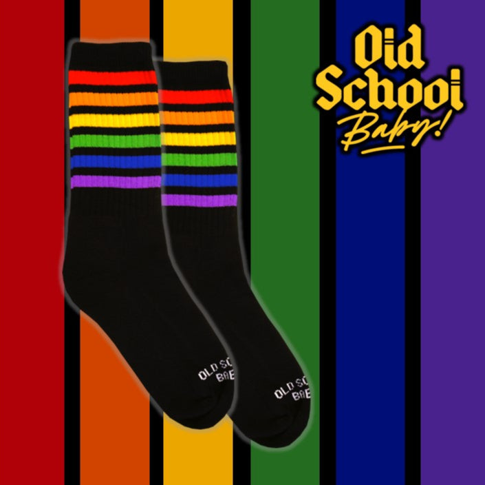 Lucky Rainbow Mid High Skate Socks Black Rainbow Pride - Old School Baby!