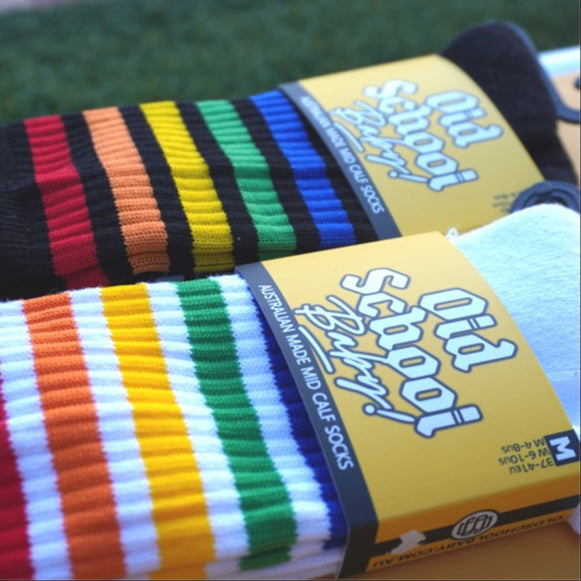 Lucky Rainbow Mid High Skate Socks Black White Rainbow Pride - Old School Baby!