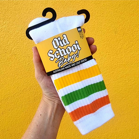 old school baby! white mid calf socks with 3 orange, green, yellow stripes